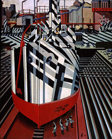 Edward Wadsworth "Kamuflerede skibe i tørdok ved Liverpool" 1919.